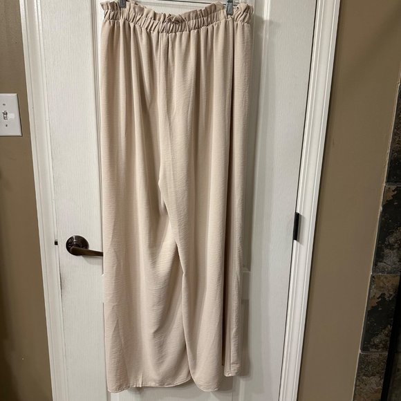 Vision USA | XXL Light Beige Crinkle Paper Bag Tie Front Wide Leg Pants Palazzo - Picture 7 of 7